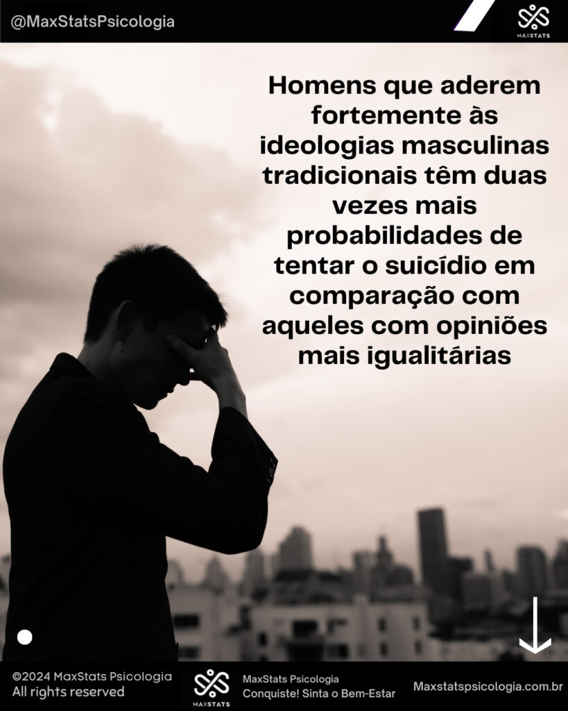 Homem com a cabeça baixa, aparentando angústia, contra o cenário de uma cidade ao entardecer. A imagem reflete um momento de introspecção, simbolizando as dificuldades enfrentadas por homens presos a normas masculinas tradicionais e que, muitas vezes, não encontram apoio emocional.