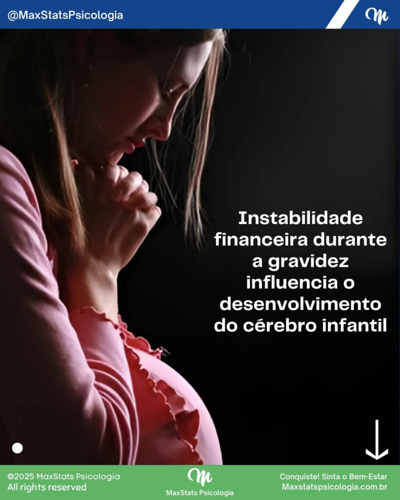 Mulher grávida em posição de preocupação, representando o impacto da instabilidade financeira durante a gestação no desenvolvimento cerebral infantil.